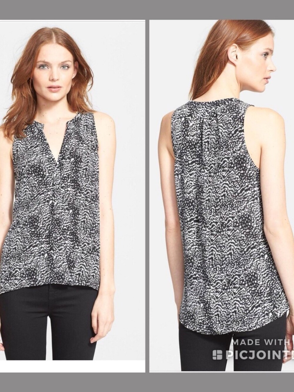 Joie Black & White Sleeveless Printed V-Neck Camisole Sz L